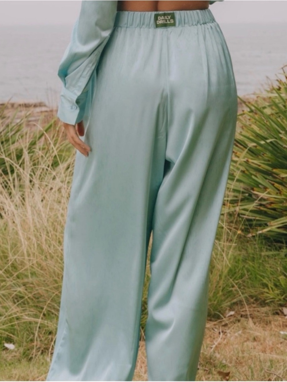 Daily Drills Silky Resort Pants Light Blue Size M Satin Wide Leg